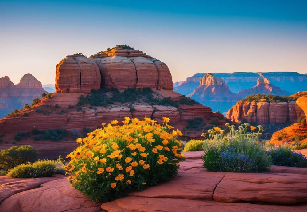 The red rocks of Sedona glow under the warm sun of May, with blooming wildflowers and clear blue skies