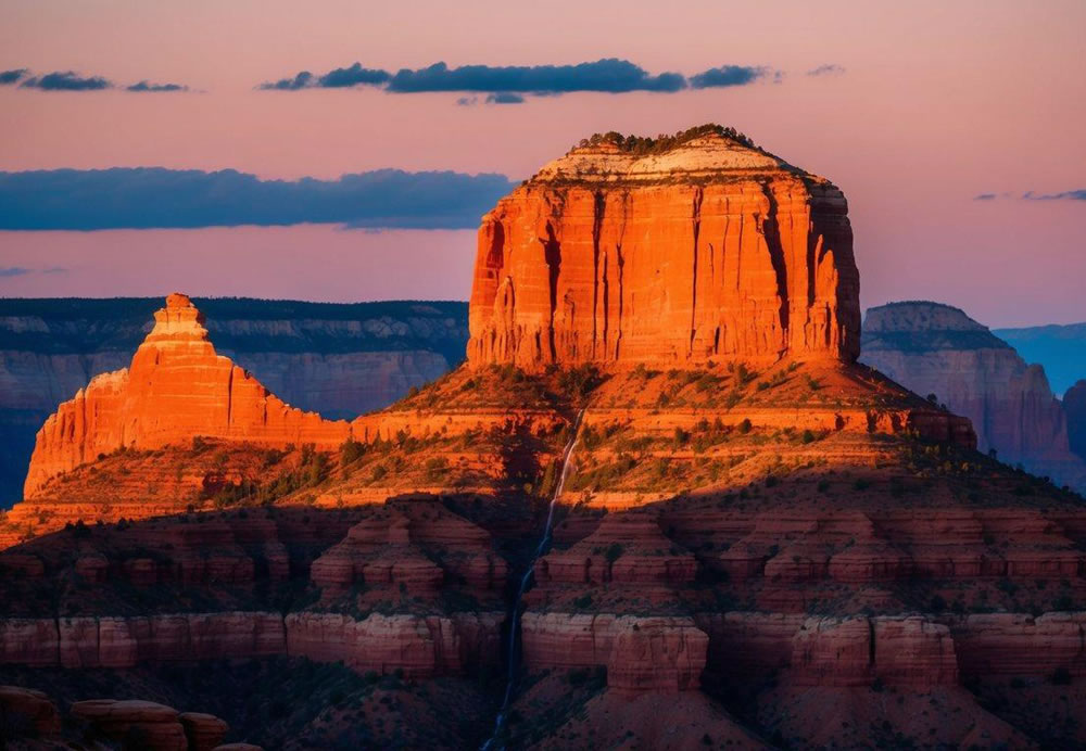 The red rock formations of Sedona glow in the warm light of the setting sun, casting long shadows across the rugged landscape