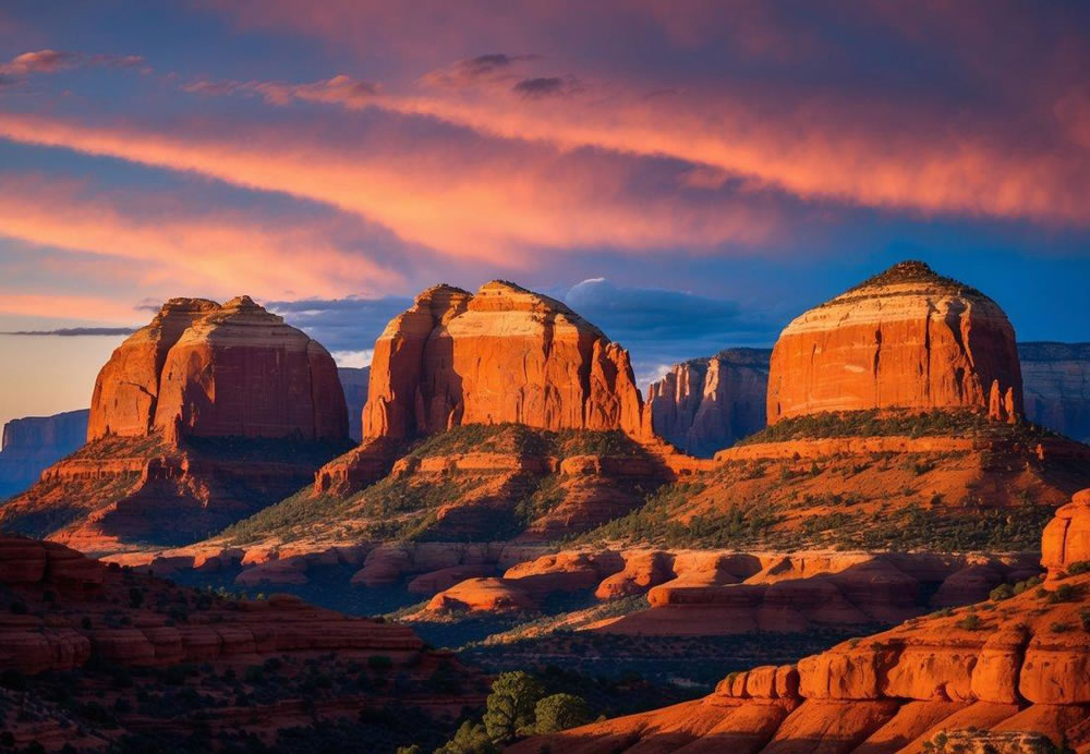 The red rocks of Sedona bask in the warm glow of the setting sun, casting long shadows across the desert landscape