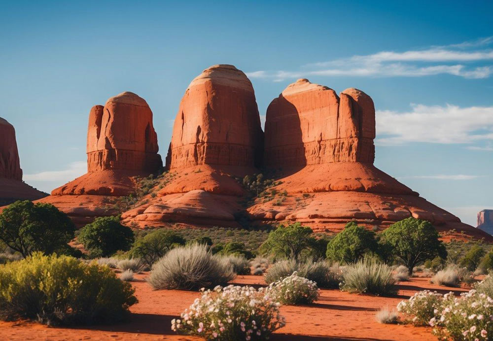 Vibrant red rock formations under a clear blue sky, surrounded by lush greenery and blooming desert flowers