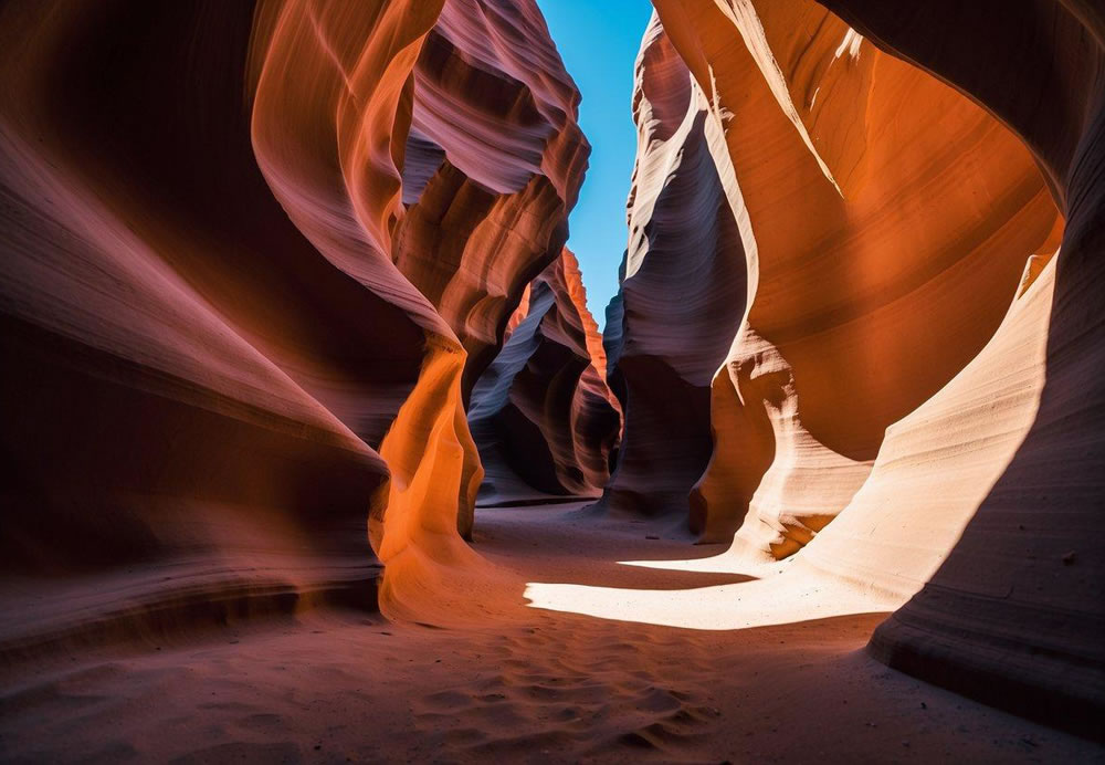 Sunlight illuminates the narrow sandstone walls of Antelope Canyon, casting dramatic shadows and highlighting the vibrant colors of the rock formations