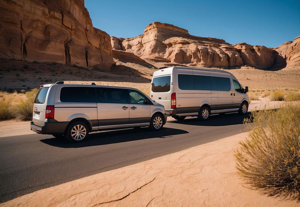 Sunlit desert landscape with towering sandstone walls. Clear blue sky above. A luxury tour van parked nearby
