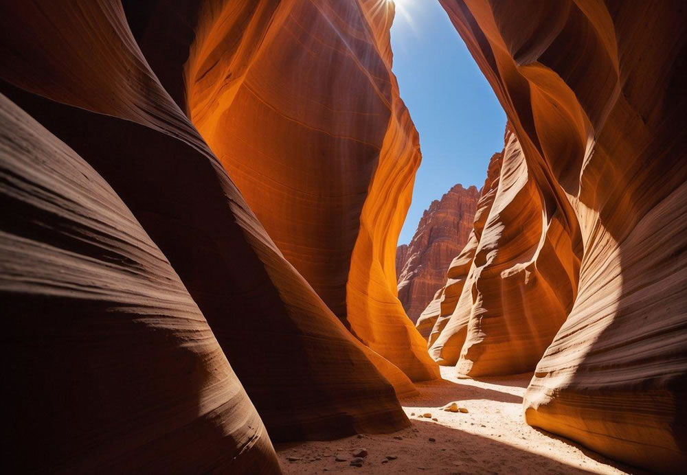 Sunlight streams through the narrow slot canyon, casting dramatic shadows on the swirling sandstone walls. The colors shift from deep reds to vibrant oranges as the canyon curves and twists, creating a breathtaking display of natural beauty