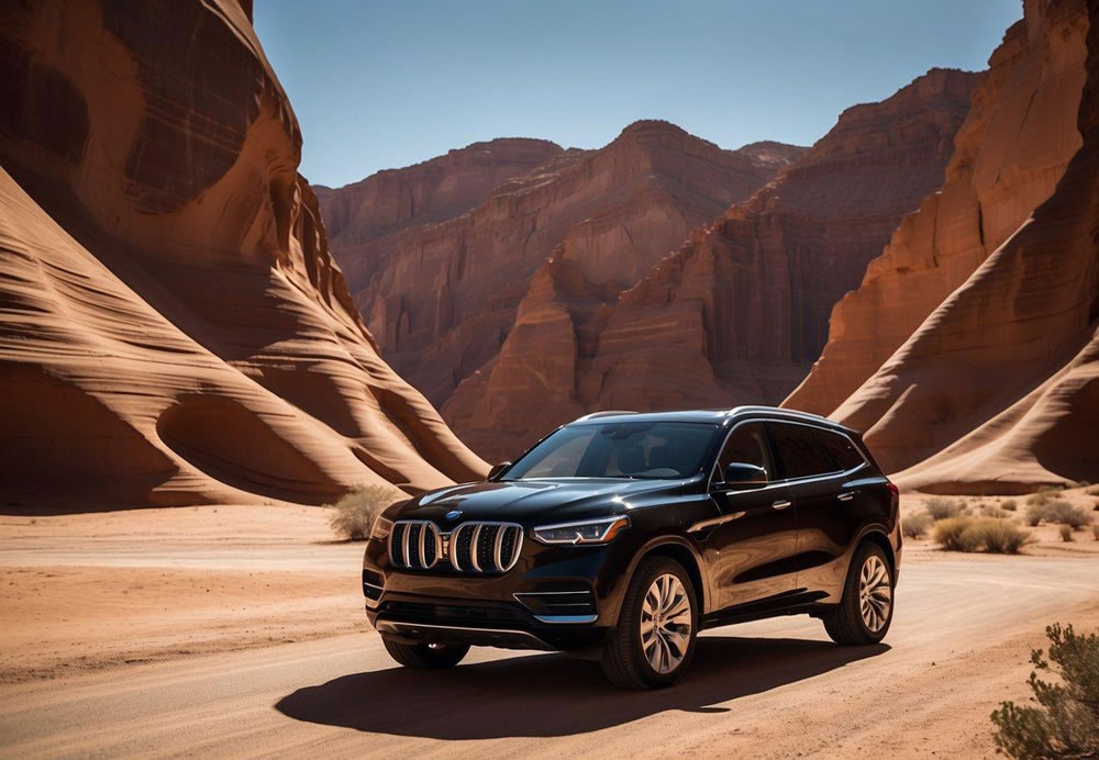 A sleek, black luxury SUV winds through the breathtaking desert landscape of Antelope Canyon, with the sun casting dramatic shadows on the rugged terrain