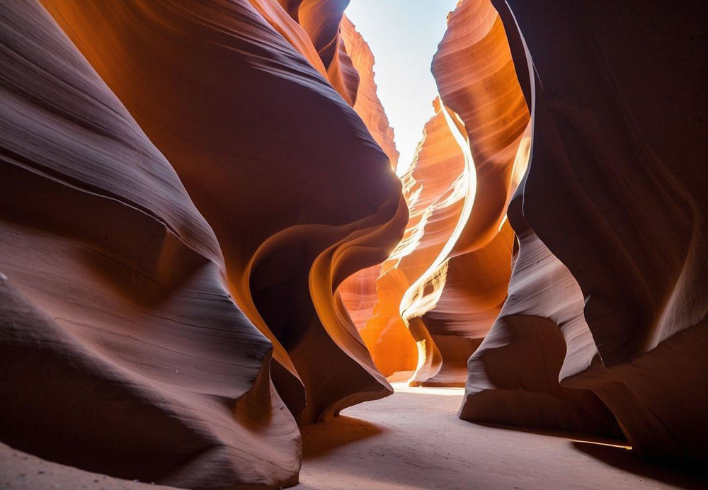 Sunlight streams through the narrow sandstone walls, casting dramatic shadows on the smooth curves and vibrant colors of Antelope Canyon