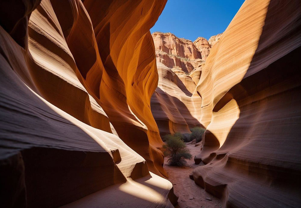 Sunlight filters through the narrow slot canyon, casting dramatic shadows on the smooth, curved walls. The vibrant colors of the sandstone rock formations create a stunning visual display