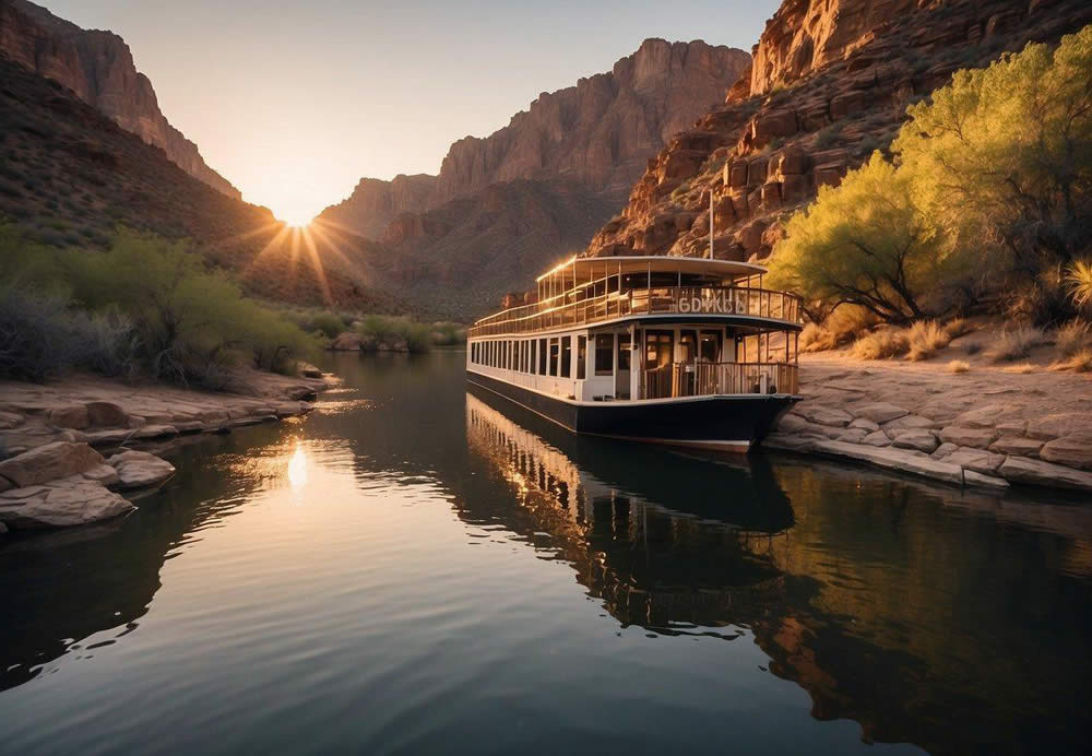 The sun sets over the rugged Apache Trail, as the Dolly Steamboat glides through the calm waters of Canyon Lake, surrounded by towering cliffs and desert vegetation