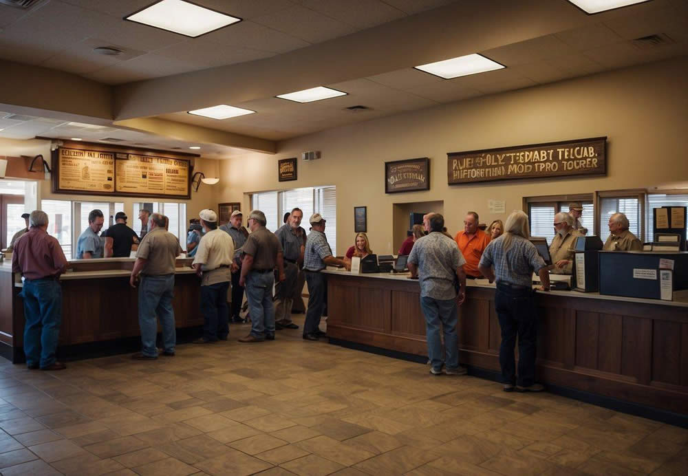 Customers line up at the Apache Trail and Dolly Steamboat Tours ticket counter, while staff assist with inquiries and bookings in the bustling office