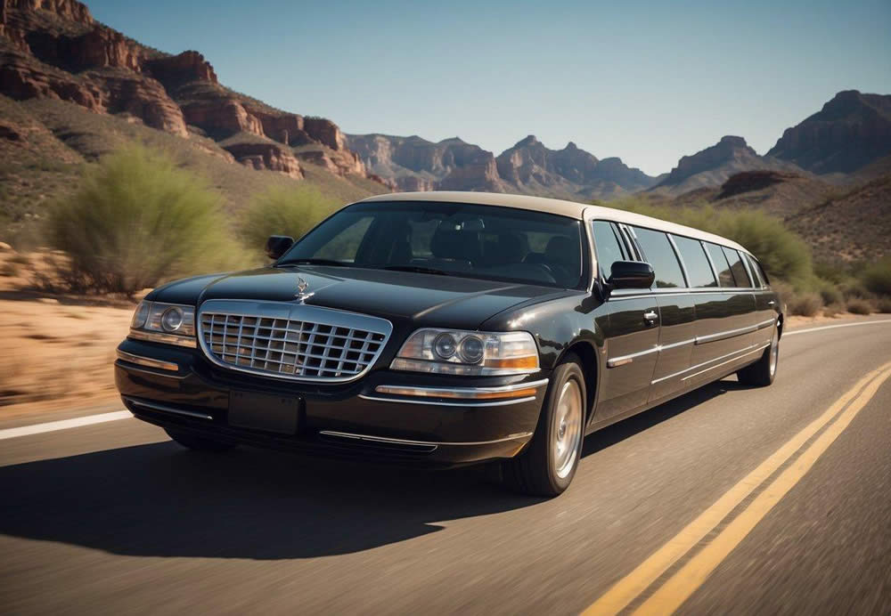 A luxury limousine drives along the scenic Apache Trail, passing by the picturesque Dolly Steamboat Tours on the calm waters of Arizona's Canyon Lake