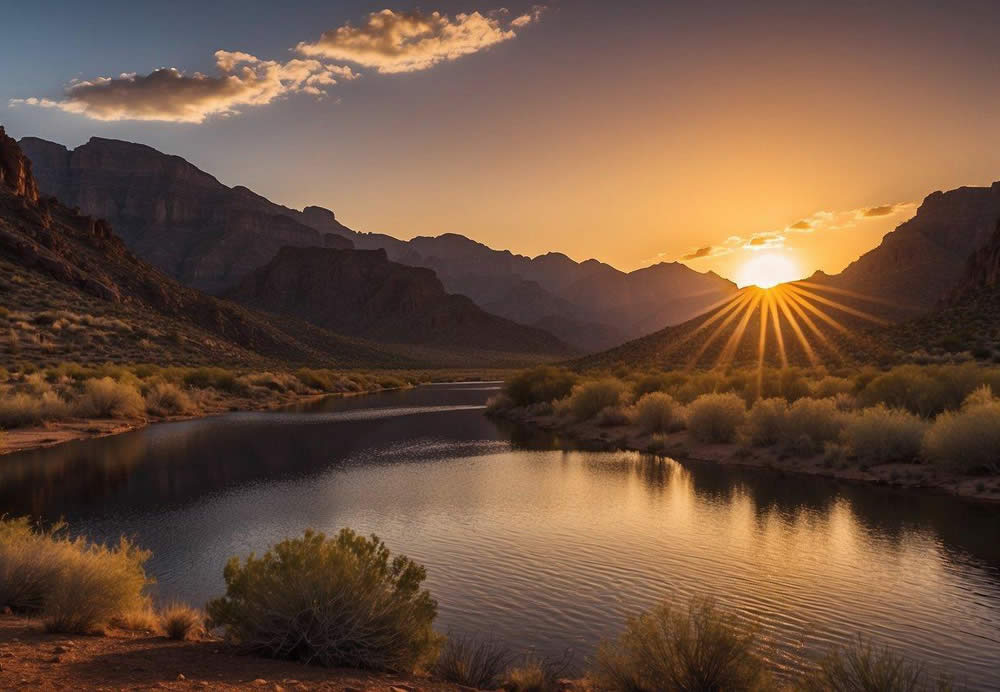 The sun sets over the rugged Apache Trail, casting a warm glow on the desert landscape. The Dolly Steamboat glides peacefully along the calm waters, reflecting the vibrant colors of the sky