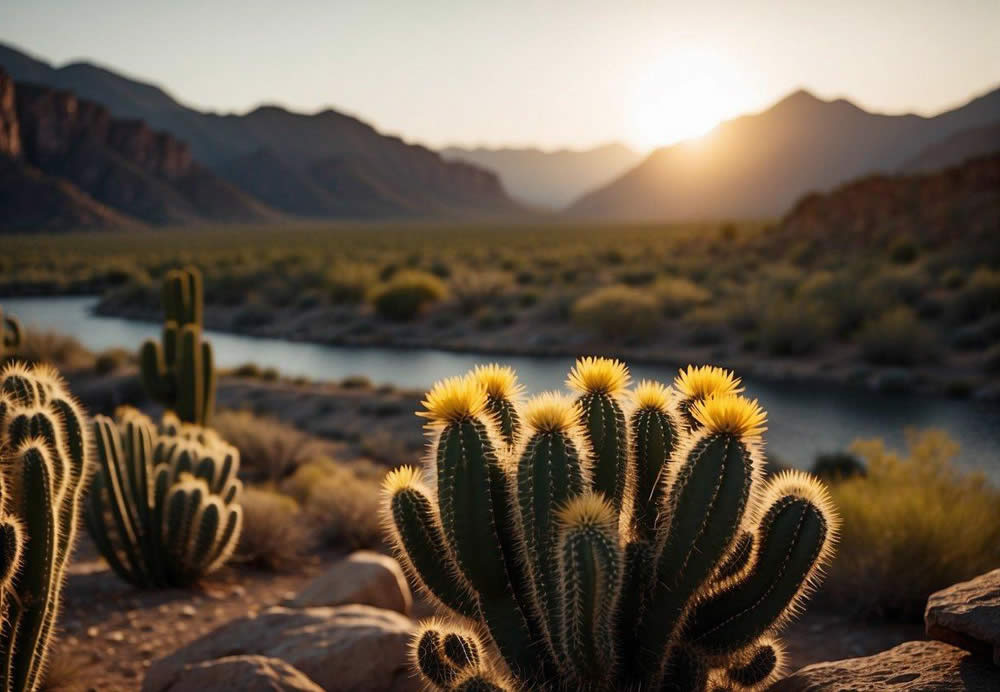 The sun sets over the rugged mountains as a steamboat cruises along a winding river, surrounded by cacti and desert flora