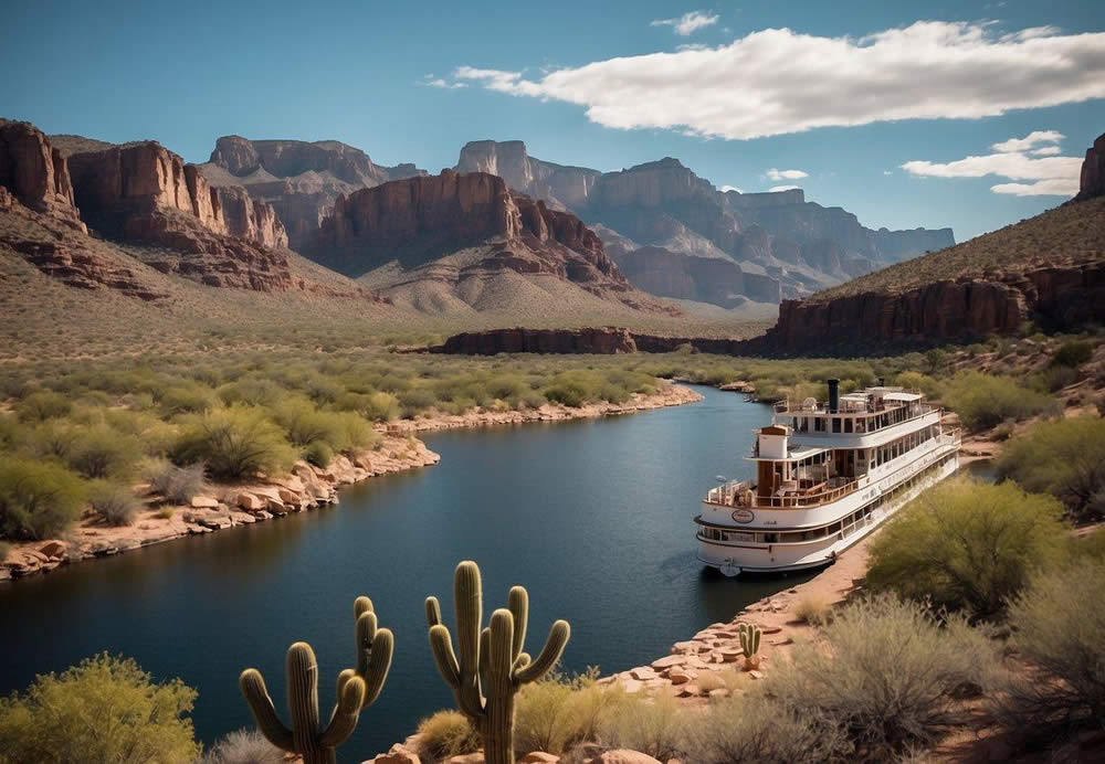 A majestic steamboat cruises along the scenic Apache Trail in Arizona, with towering cliffs and cacti-lined shores in the background