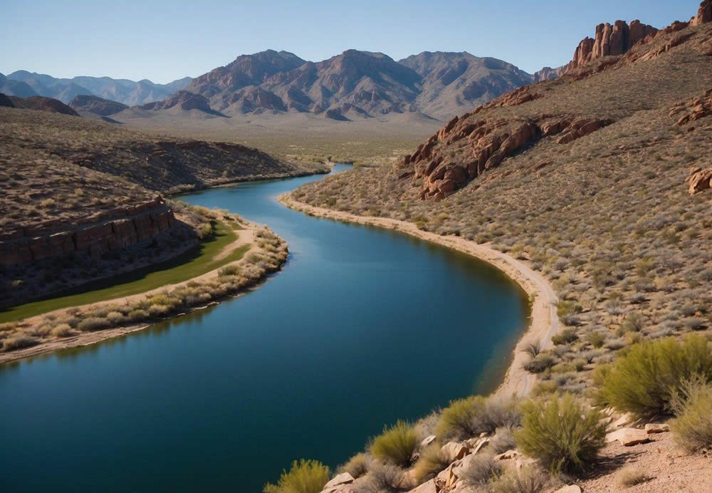 The rugged Apache Trail winds through Arizona's desert landscape, leading to the tranquil waters of Canyon Lake where the Dolly Steamboat awaits