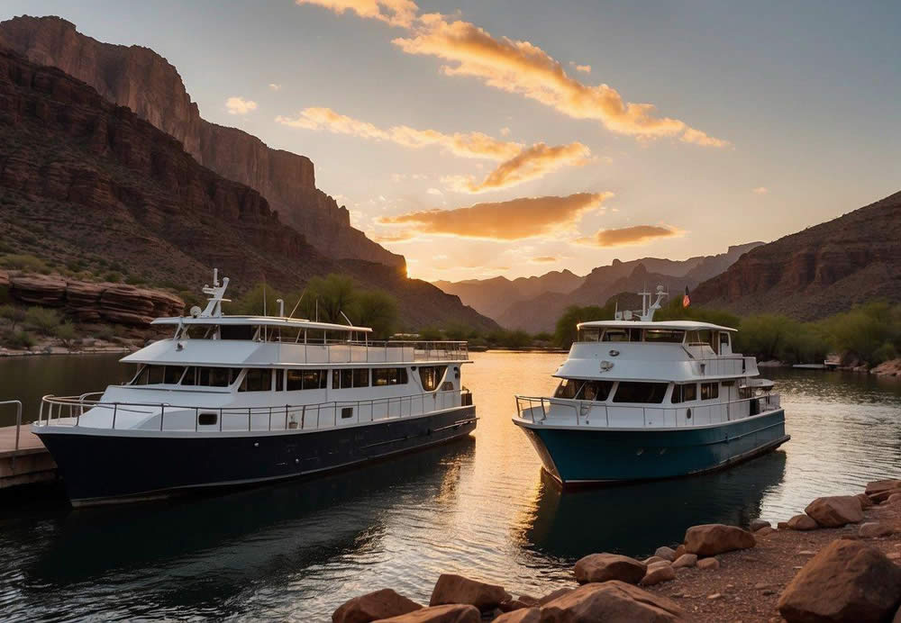 The sun sets behind rugged mountains as a tour boat departs from the dock on Apache Trail, while another boat waits for passengers at Dolly Steamboat Tours in Arizona