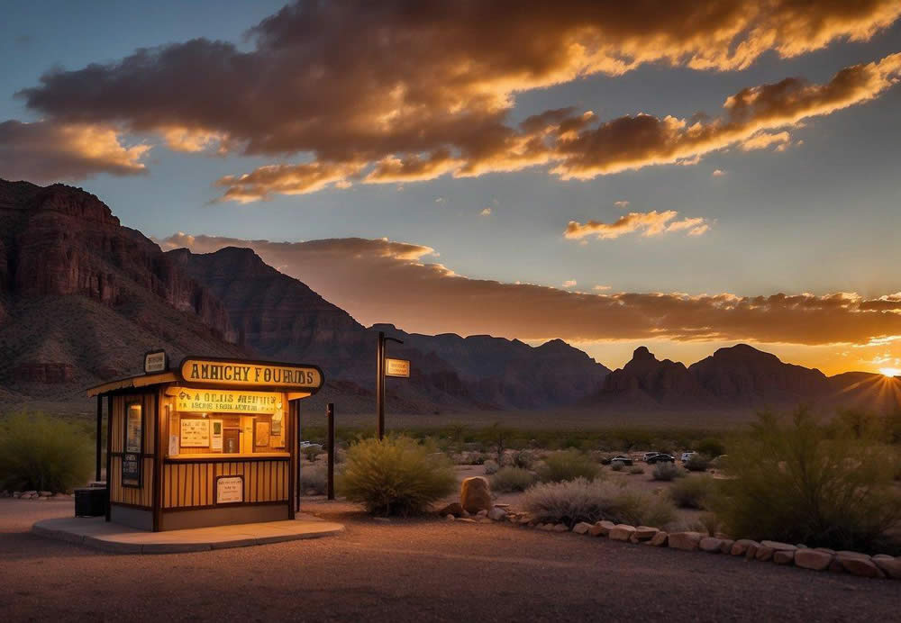 The sun sets behind the rugged mountains of Arizona, casting a warm glow over the Apache Trail and Dolly Steamboat Tours. The ticket booth displays pricing information, while tourists gather to book their adventures