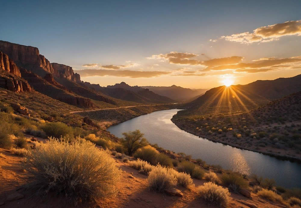 The sun sets over the rugged desert landscape, casting a warm glow on the winding Apache Trail and the tranquil waters of the Dolly Steamboat Tours in Arizona