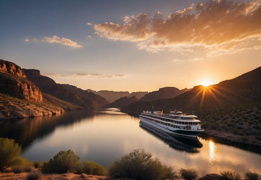 The sun sets over the rugged landscape of the Apache Trail, with the iconic Dolly Steamboat cruising along the calm waters of Canyon Lake