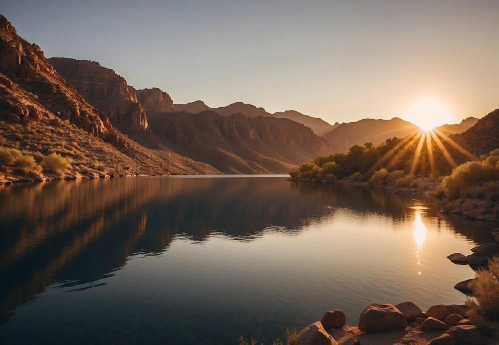 The sun sets over the rugged Apache Trail, as the Dolly Steamboat glides through the calm waters of Canyon Lake in Arizona