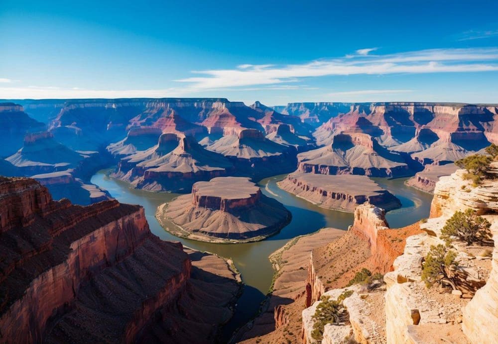 A vast, colorful landscape of the Grand Canyon, with steep cliffs and winding river, under a clear blue sky