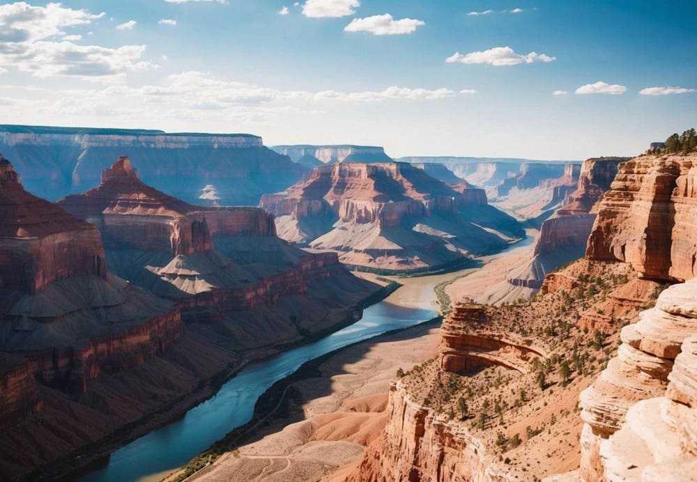 A vast and majestic canyon with layered rock formations, winding river, and distant cliffs