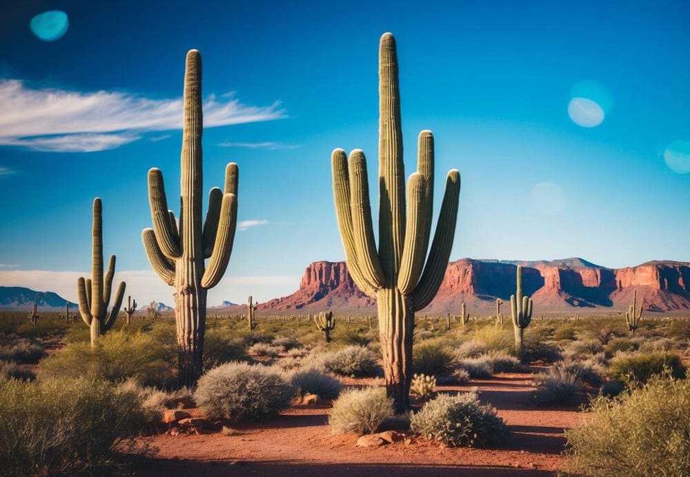 A vibrant desert landscape with towering saguaro cacti, red rock formations, and a clear blue sky