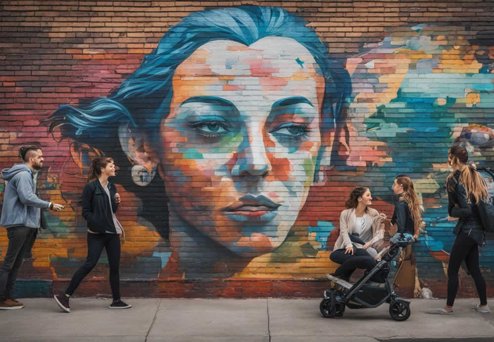 A group of people walking by a wall with a mural of a person