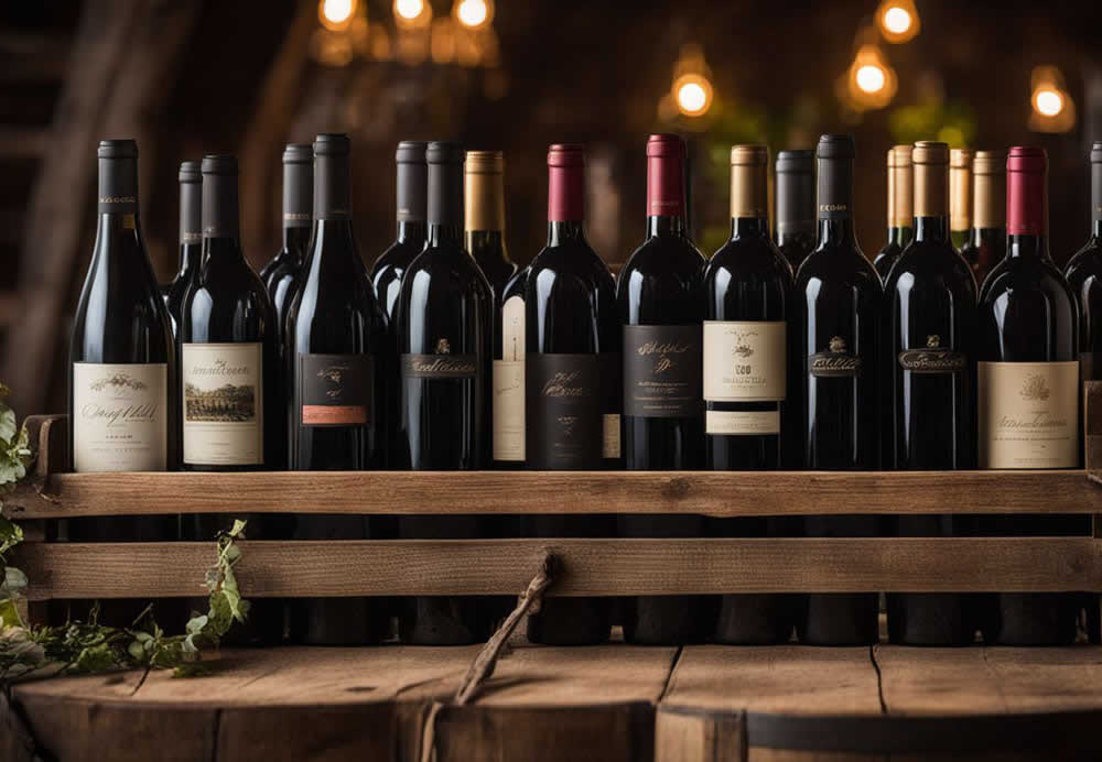 A group of wine bottles on a wooden shelf