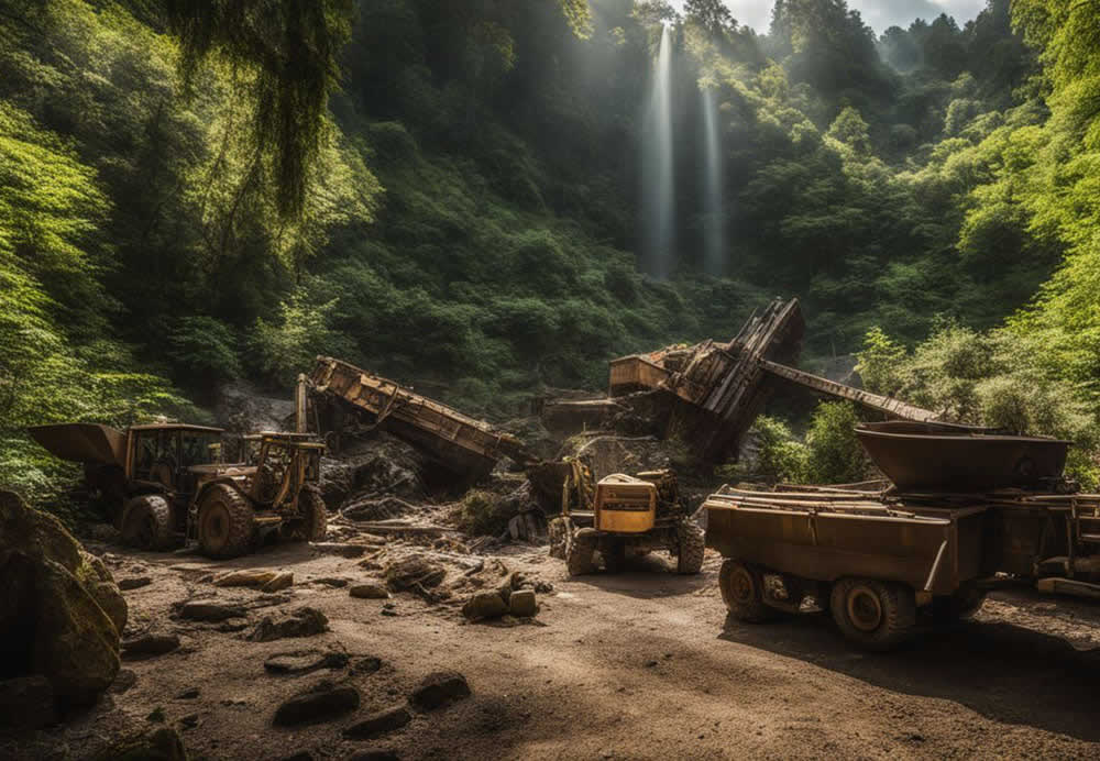 A group of construction vehicles in a forest