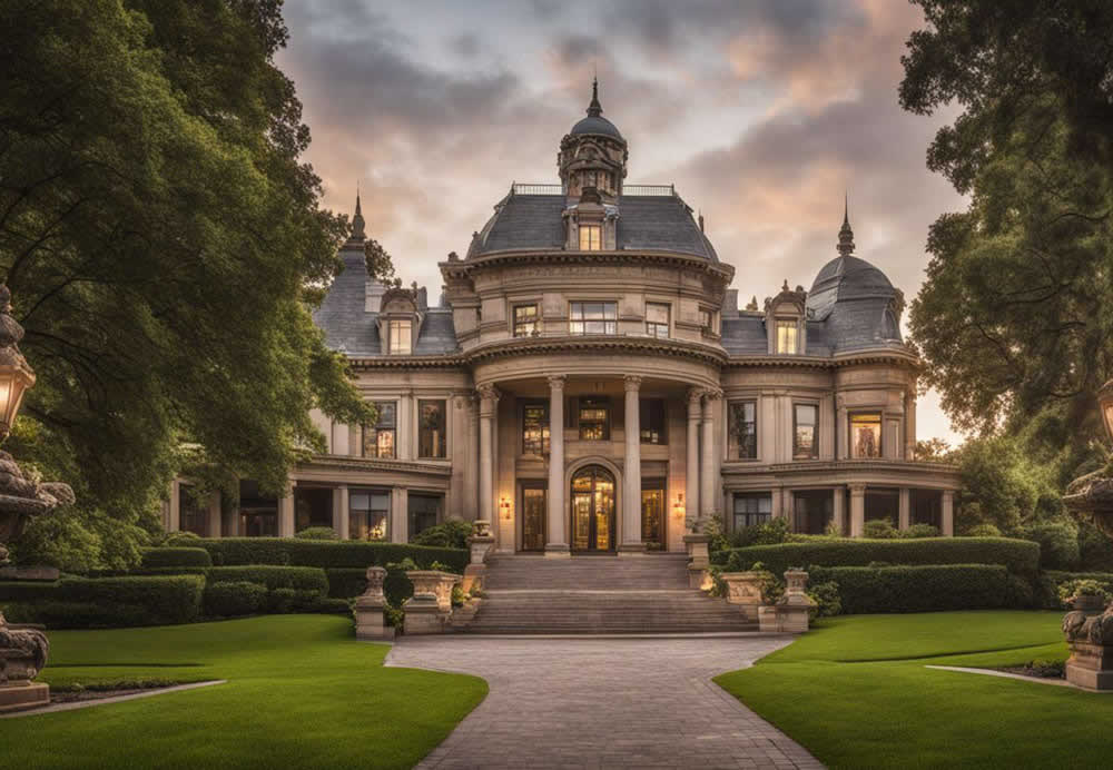 A large mansion with a walkway and trees