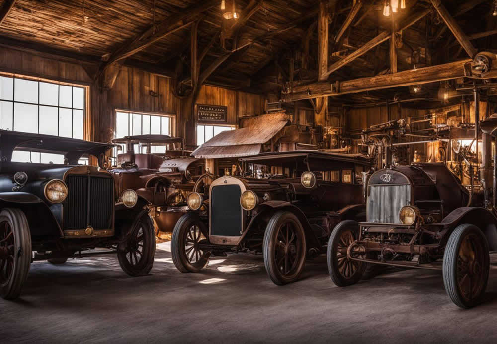 A group of antique cars in a building