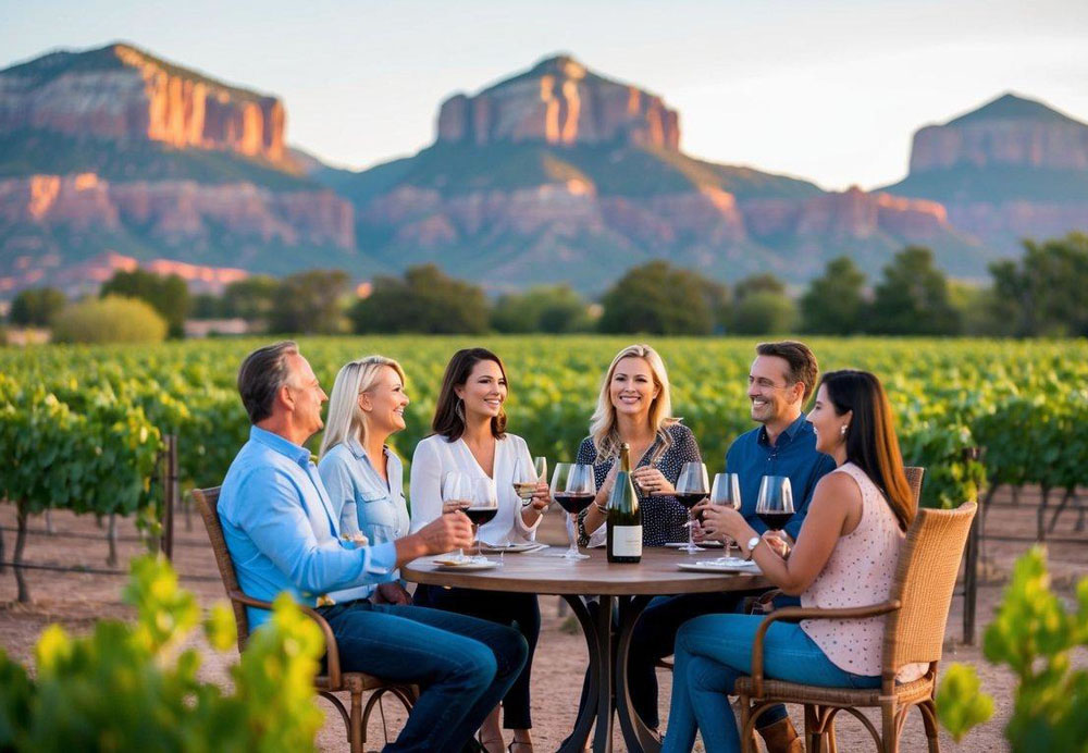 A group of people enjoying a wine tour in Sedona, surrounded by picturesque vineyards and mountains, with a serene and relaxed atmosphere