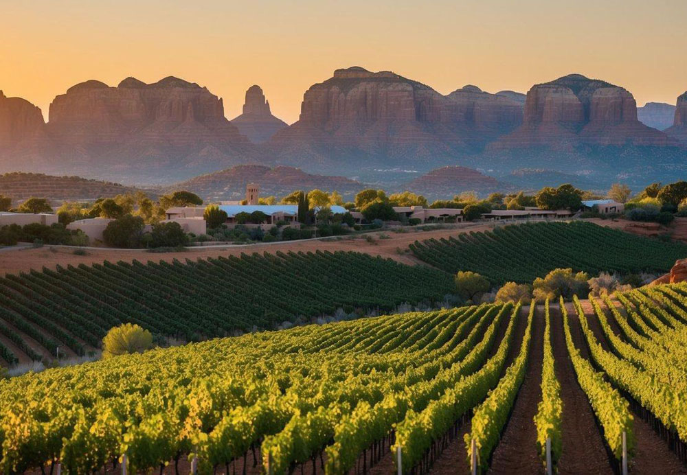 Rolling vineyard hills under a warm sun, dotted with rows of grapevines and wineries nestled in the red rock landscape of Sedona