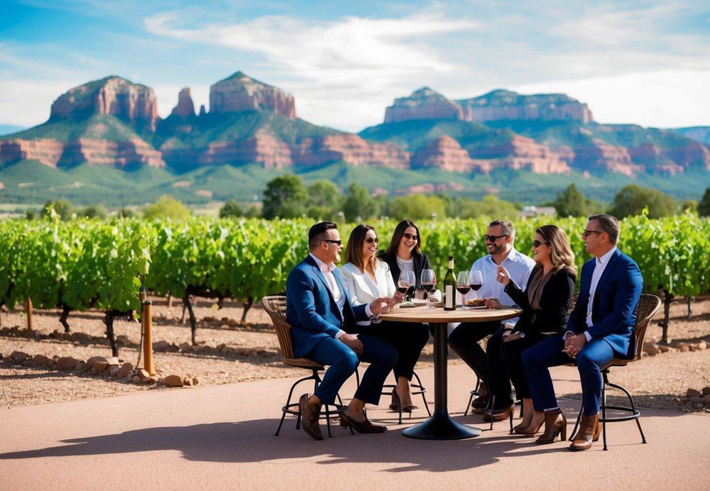 A group of professionals enjoy a scenic wine tour in Sedona, surrounded by lush vineyards and picturesque mountains