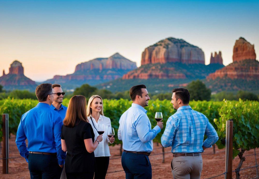 A group of professionals enjoy a scenic wine tour in Sedona, surrounded by red rock formations and lush vineyards