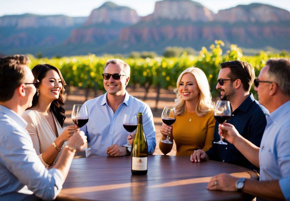 A group of people enjoying a wine tour in Sedona, surrounded by picturesque vineyards and mountains, sipping on glasses of red and white wine